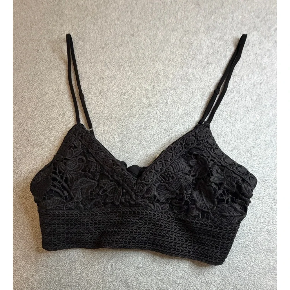 Aeropostale Black Floral Lace Cropped Brami Cami Top Tie Back Large